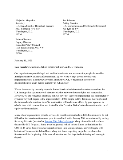 Coalition Letter Urges Reconsideration of Custody Determination for Every Person in ICE Custody