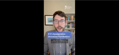 A video screenshot of Senior Policy Fellow Aaron Reichlin-Melnick speaking about ICE warehouses