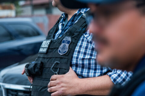 The torso of an ICE officer with a black vest on
